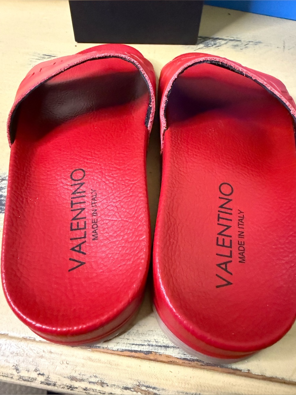 Valentino Red Embossed Logo Slide Sandals - Picture 6 of 9